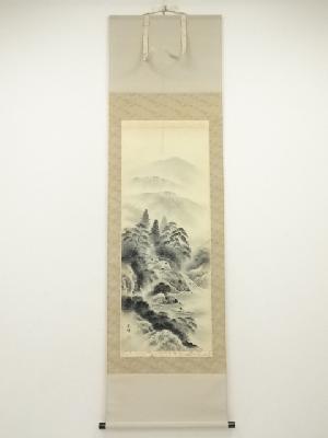 石川水明筆　水墨山水　肉筆絹本掛軸（共箱）